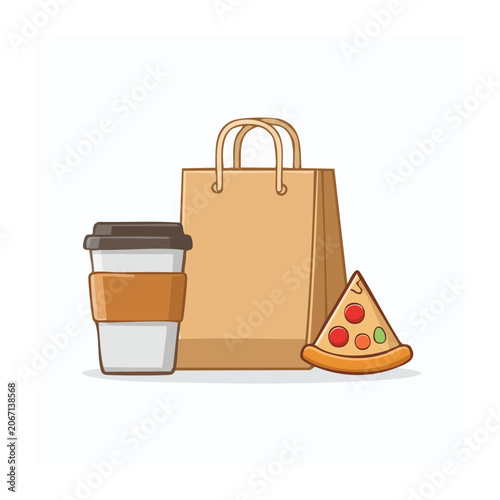 Flat design illustration of pizza slice, coffee cup and paper bag