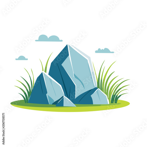 Flat Design Illustration of Rock Formation with Grass and Clouds