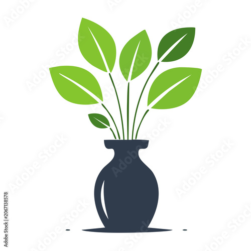 Flat design potted plant with green leaves in dark vase