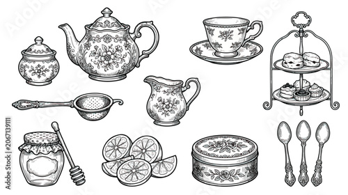 Photos Vintage tea party vector set, hand drawn afternoon tea illustrations, ornate tea