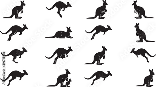Bild auf Leinwand black silhouettes of kangaroos in various poses