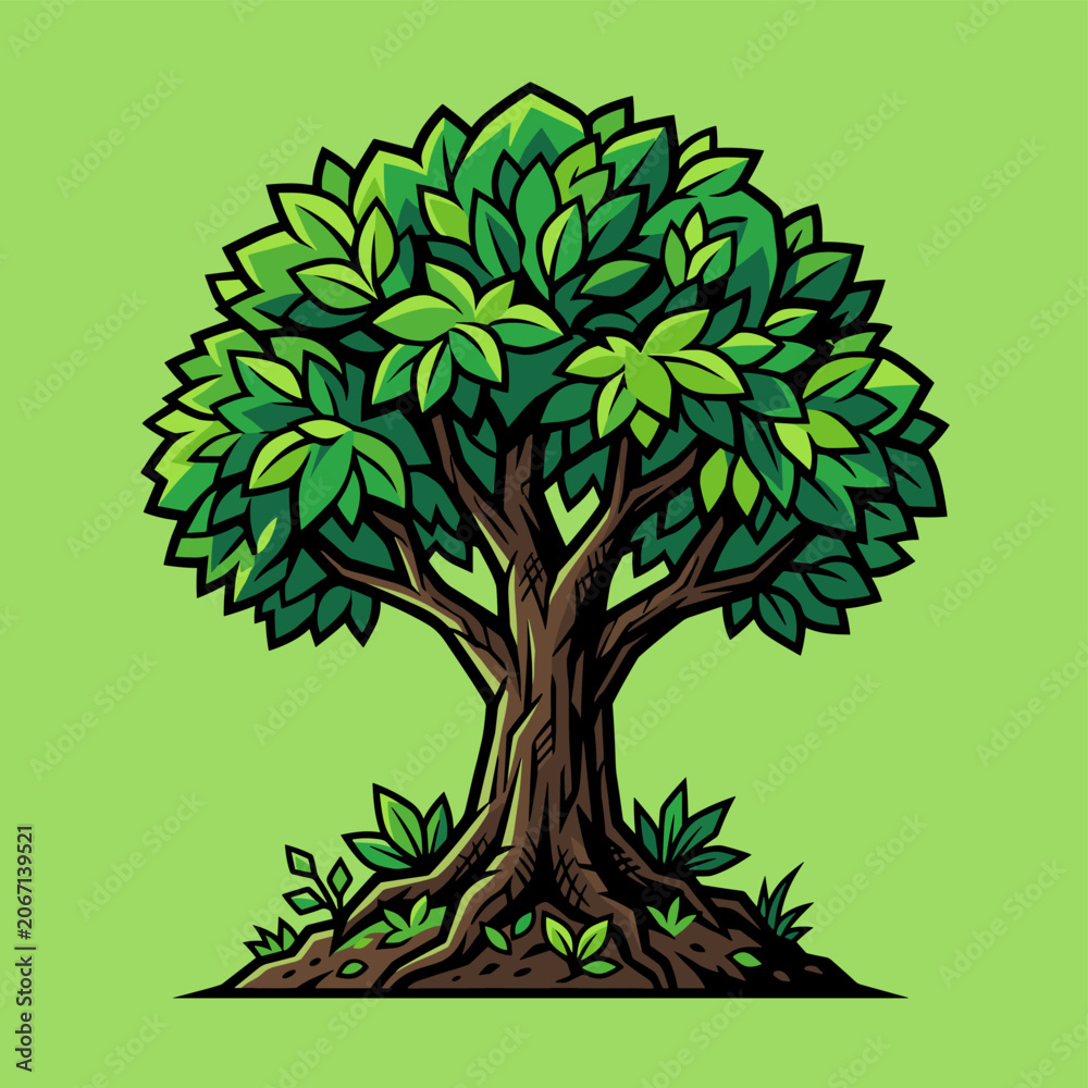 Fototapeta premium Vibrant Vector Tree Illustration with Lush Green Foliage and Detailed Root System for Nature Ecology and Environmental Design Projects roots