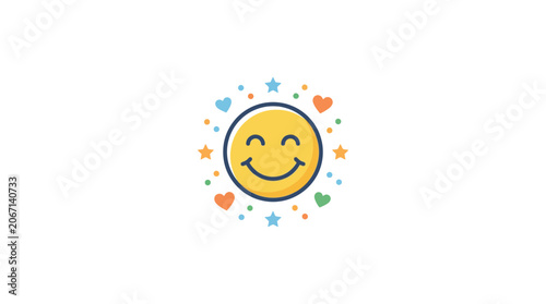 Fotografía Happy smiley face icon surrounded by colorful hearts and stars, vector illustrat