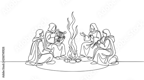 Obraz na plátně Monks Playing Music Around Campfire - Continuous Line Art