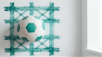 A soccer ball rests on a green painted grid against a white wall near a window.