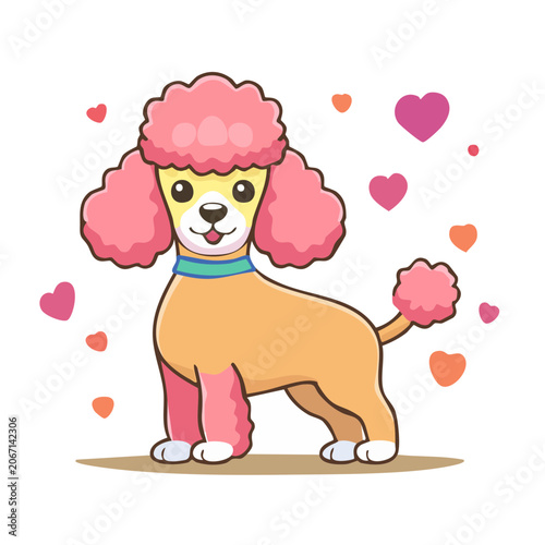 Cute cartoon poodle with pink fur and hearts