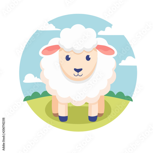 Cute cartoon sheep in a pastoral scene