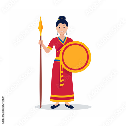 Female warrior with spear and shield in traditional attire