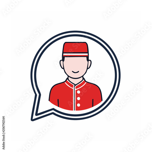 Bellhop in red uniform with speech bubble icon