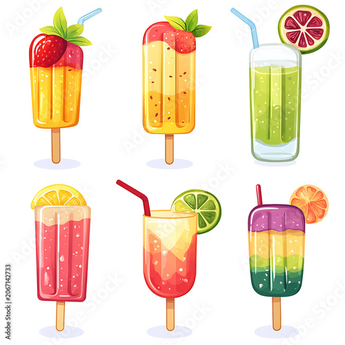 Set of colorful tropical cocktails and drinks with fruit, ice and straws in glasses for summer refreshment bar illustration