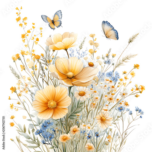 Floral background with flowers and butterflies in a seamless spring summer vector design with blooming daisies and leaves