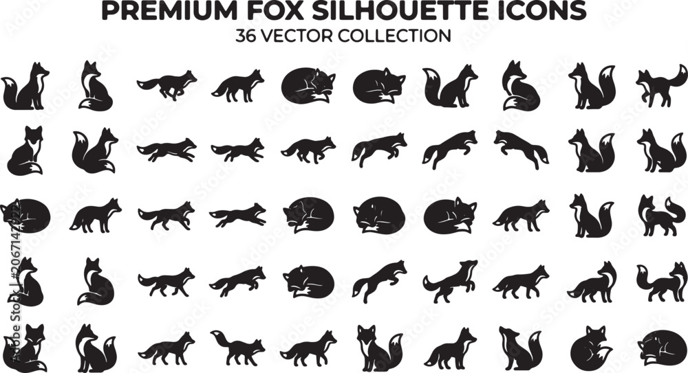 Fototapeta premium Premium Fox Silhouette Icons Set Collection for Graphic Design and Digital Art