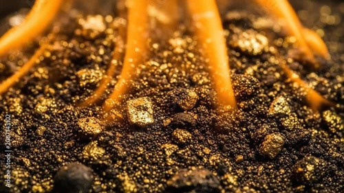 Golden sparks fly as fire ignites dark earth close-up macro shot
