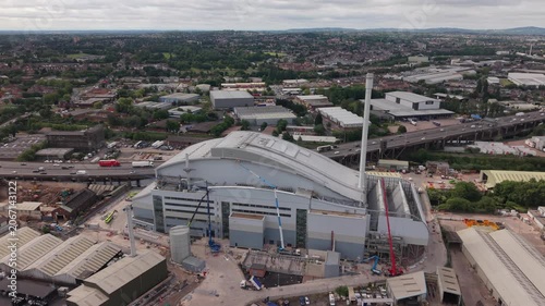 Drone aerial view of the Enfinium Kelvin Energy Recovery Facility in Oldbury, West Midlands, England. Large waste-to-energy power plant located beside the M5 motorway and surrounded by industrial esta