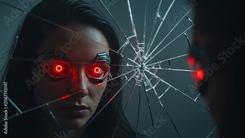 Cyberpunk woman with glowing red eyes behind broken mirror, futuristic vision