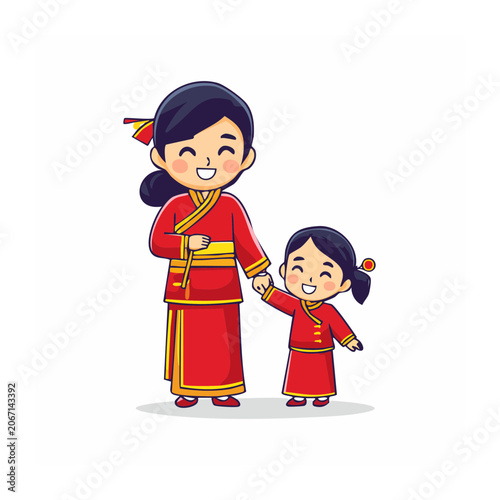 Mother and Child in Traditional Red Dresses