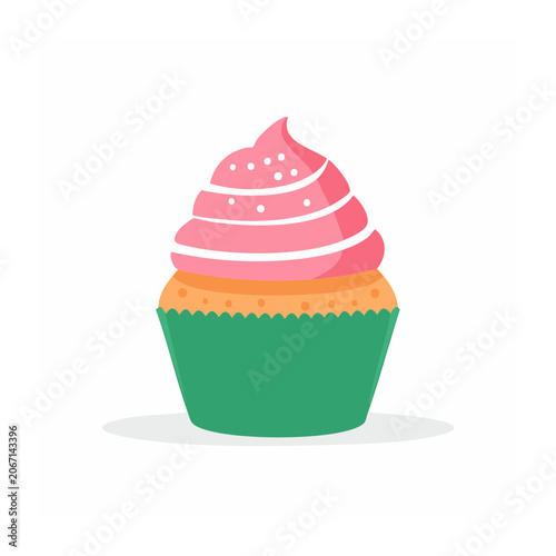 Pink frosted cupcake in green wrapper flat illustration