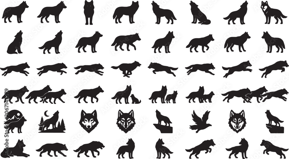 Obraz premium Silhouettes of wolves and dogs in various poses and settings