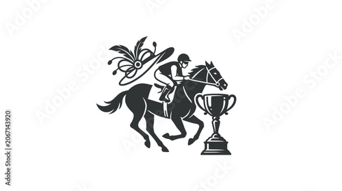 Horse Racing Jockey and Trophy Emblem - Equestrian Sport Vector Icon