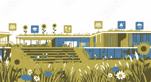 Sustainable Green Building with Rooftop Garden and Eco-Friendly Features.