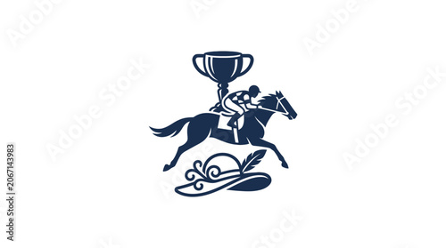 Photos Horse Racing Trophy Icon: Jockey Riding Horse with Derby Hat and Cup