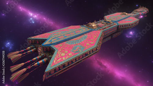 Vibrant pink and blue spaceship with tassels flying through purple galaxy with stars