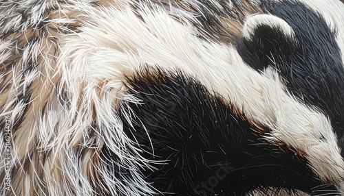 Close-up of a badgers fur showing its distinctive black and white stripes and coarse texture.