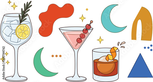 Quadro em tela Modern cocktail drinks vector illustration set with abstract shapes and crescent