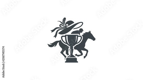 Fotografía Horse Racing Trophy Silhouette: Jockey, Horse, Elegant Hat, and Championship Cup