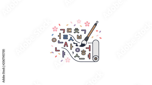 Fotografía Korean Alphabet Hangul Calligraphy Brush Writing Scroll Cherry Blossoms