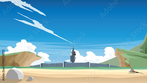 Obraz na plátně Fantasy vector landscape showing a dark central tower fortress structure framed by rocky cliffs and sandy shores