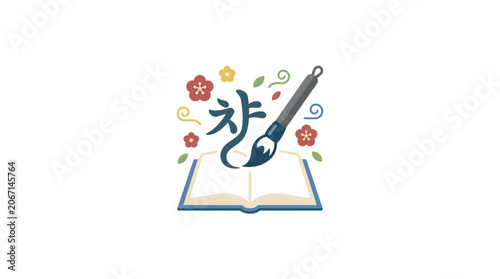 Obraz na płótnie Korean Calligraphy Brush Writing 'Cha' on Open Book with Flowers