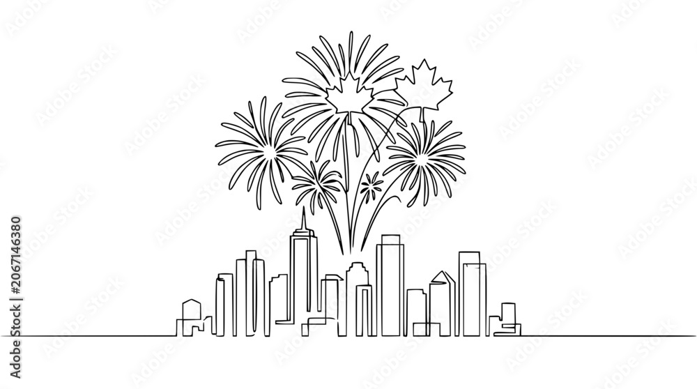 Obraz premium Canada Day Fireworks Over Toronto Skyline - Single Line Art