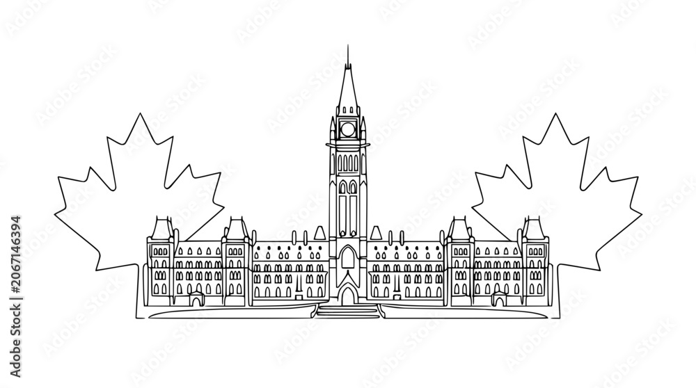 Fototapeta premium Canadian Parliament Building Outline with Maple Leaves - Ottawa Landmark