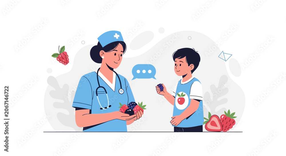 Fototapeta premium Nurse offers healthy berries to child, promoting nutrition and well-being in a modern vector illustration.