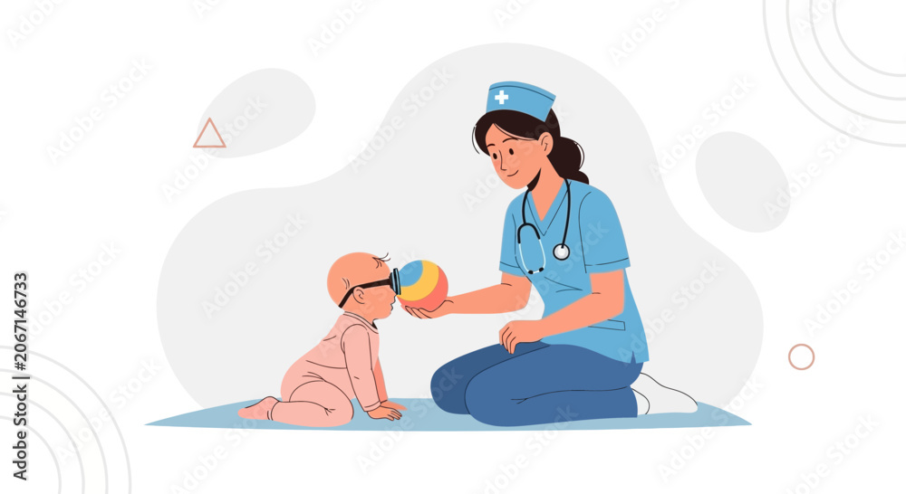 Obraz premium Nurse playing with baby, Healthcare illustration for pediatrics, child care, and medical concepts