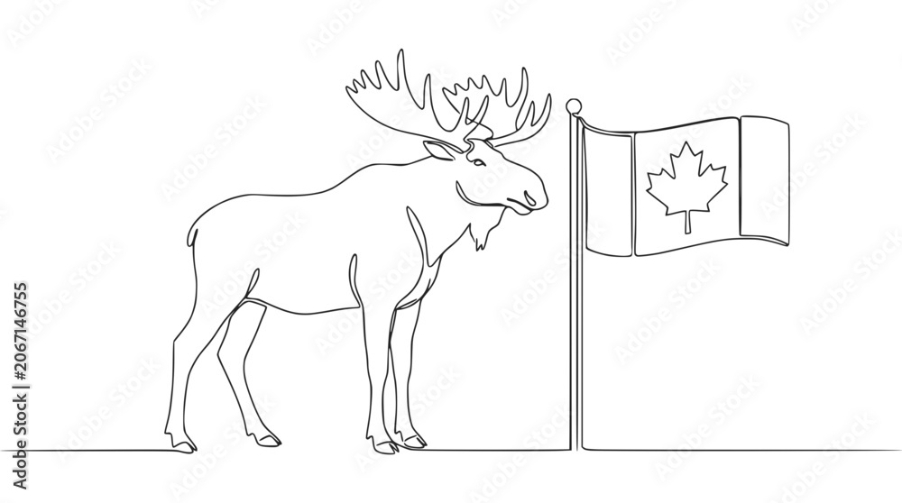 Obraz premium Moose and Canadian Flag Line Art - Symbol of Canada