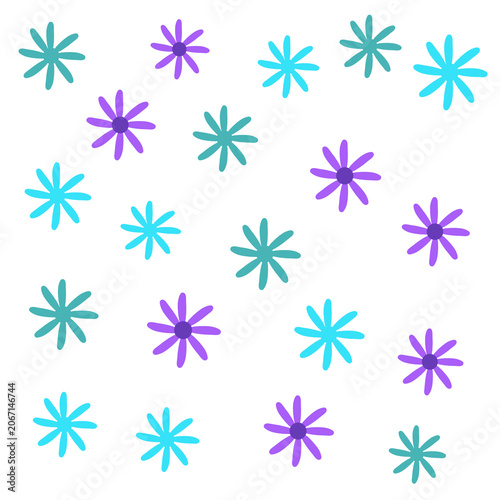 Pattern with stylized purple and blue flowers scattered, illustration hand-drawn graphic art 