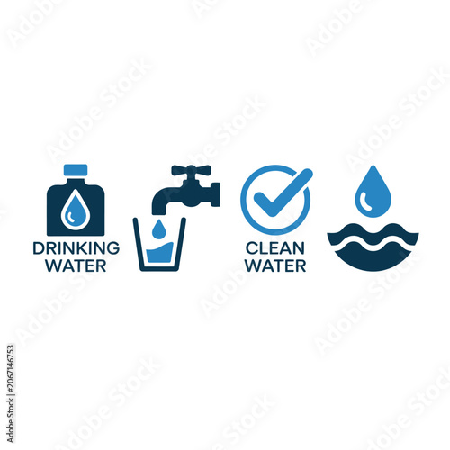 drinking water icon vector set featuring tap water glass bottle and clean water symbols for hydration safety sanitation and public health