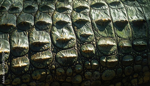 Close-up of Alligator Skin Texture with Scales and Patterns.