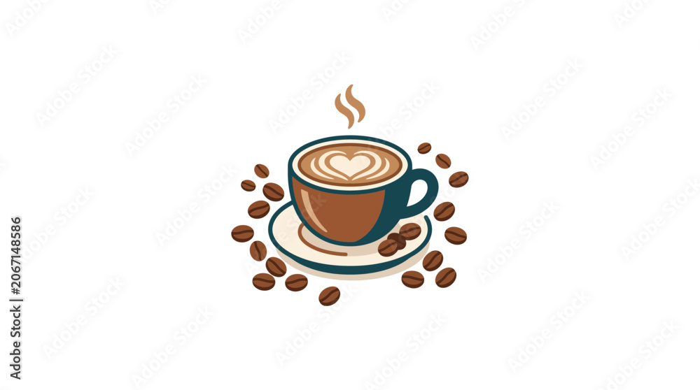 Fototapeta premium Latte Art Coffee Cup with Heart and Beans, Isolated on White Background