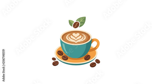Photos Latte Art Coffee Cup with Beans and Leaves, Morning Brew Refreshment