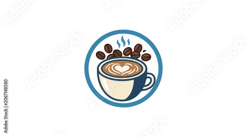 Canvas Print Latte Art Coffee Cup with Beans, Morning Brew, Cafe Style, Isolated