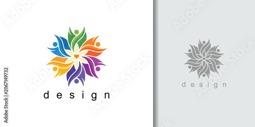 Colorful stylized human figures forming a circular flower-like logo with the word 'design' below, presented alongside a grayscale version.