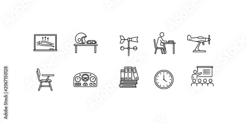 Photos Icon set collection of aviation ground school education, flight training classroom environment, aeronautical study materials, and airport briefing equipment icons