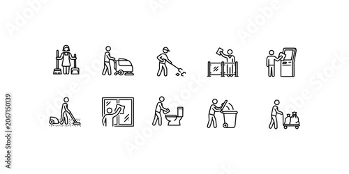 Fotografie Icon set collection of professional cleaning and janitorial services, facility maintenance, sanitation, and hygiene tasks for public spaces