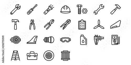 Obraz na płótnie Icon set collection of aviation maintenance tools, mechanical repair equipment, protective gear, and aircraft engine components for technician tasks