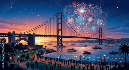 Golden Gate Bridge, San Francisco Bay fireworks display, night cityscape, colorful sky isolated on Transparent Background