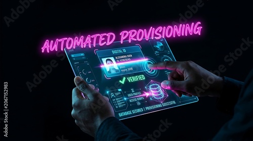 Automated provisioning concept on a futuristic digital tablet screen.