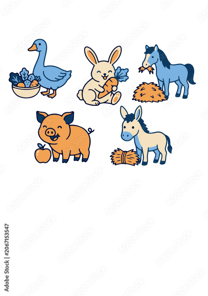 Naklejka premium Cute Farm Animals Feeding Bundle with Honest Horse Rabbit Goose Pig and Donkey 